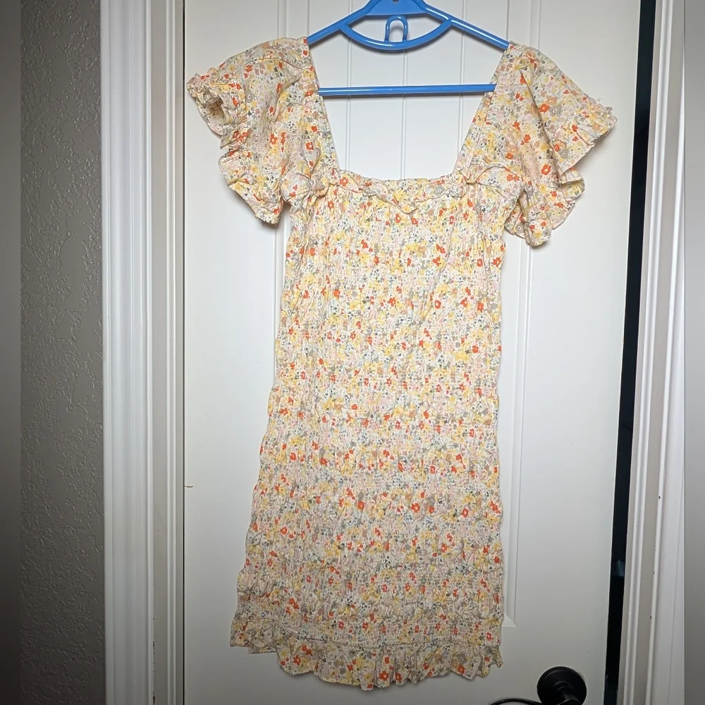 Storia Yellow Floral Smocked Mini Dress with Orange Accents, Women's Size Medium - Picture 7 of 10